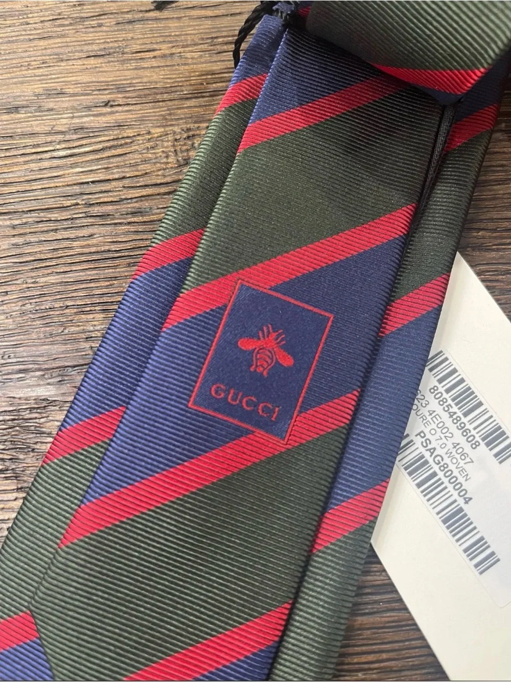 Gucci Striped Silk Tie in Navy, Olive & Red new with tags